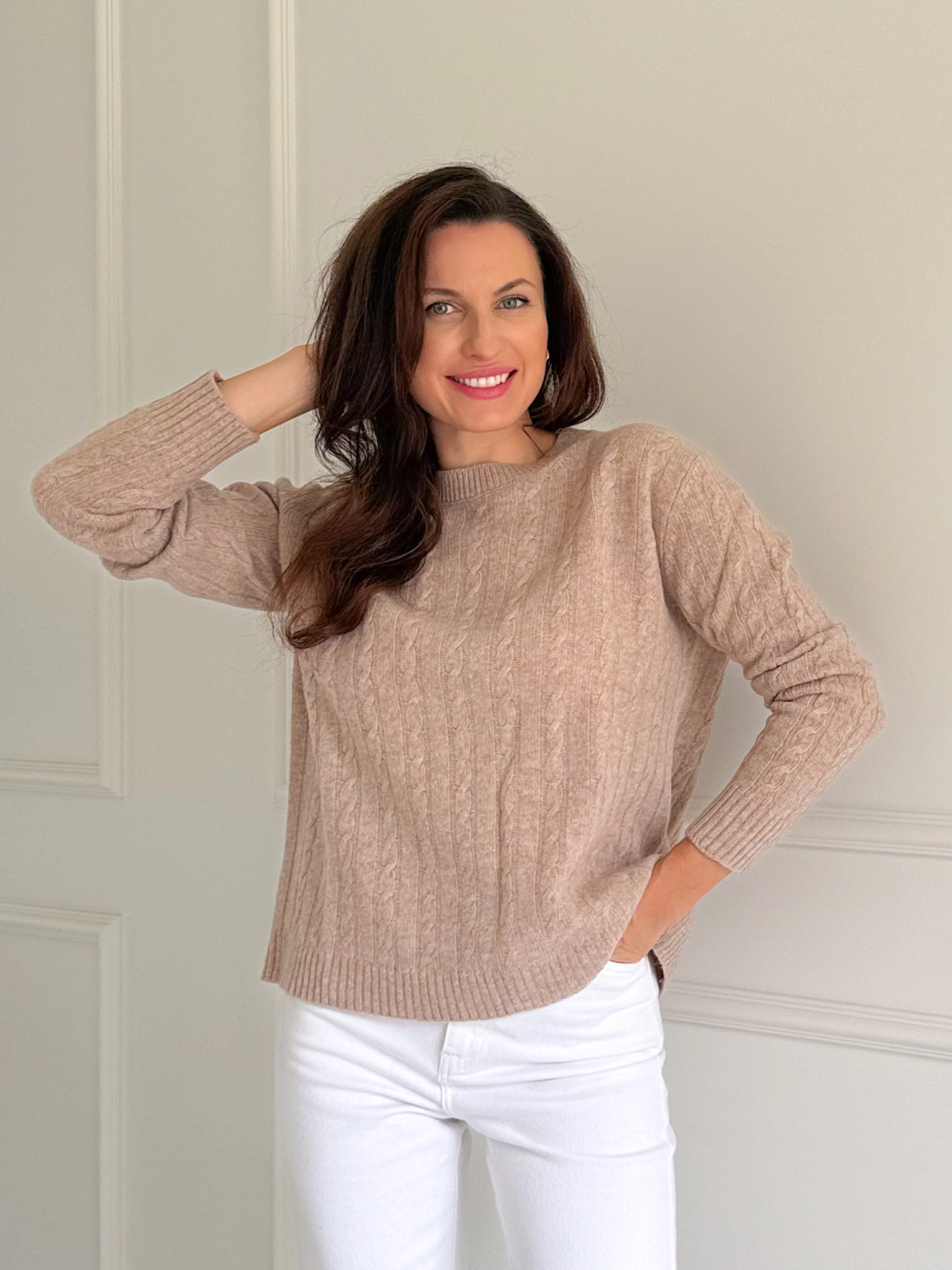 Sweter Noemi, 100% wełna merino, beżowy, warkocz 