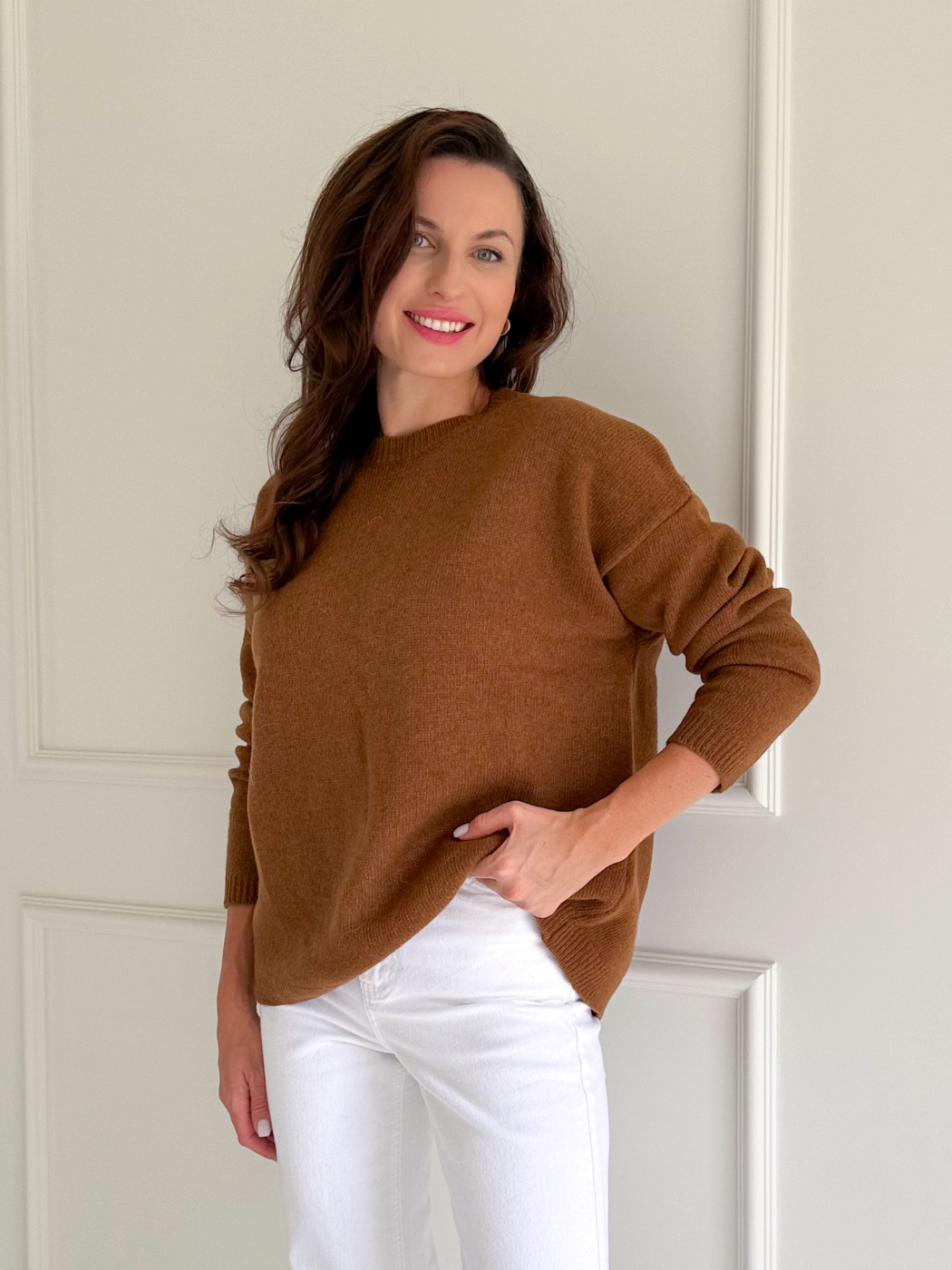 Klasyczny sweter, 100% wełna merino, camel